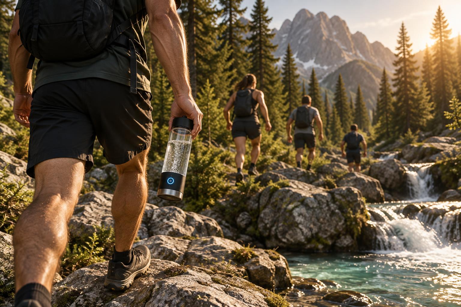 Atletas anónimos a correr num trilho junto a uma ribeira de montanha